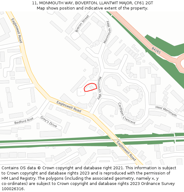 11, MONMOUTH WAY, BOVERTON, LLANTWIT MAJOR, CF61 2GT: Location map and indicative extent of plot