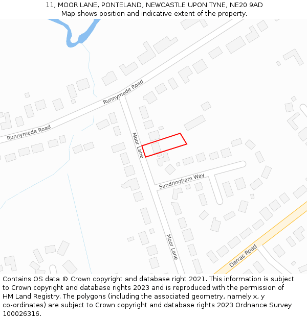 11, MOOR LANE, PONTELAND, NEWCASTLE UPON TYNE, NE20 9AD: Location map and indicative extent of plot