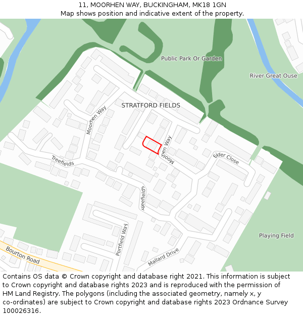 11, MOORHEN WAY, BUCKINGHAM, MK18 1GN: Location map and indicative extent of plot