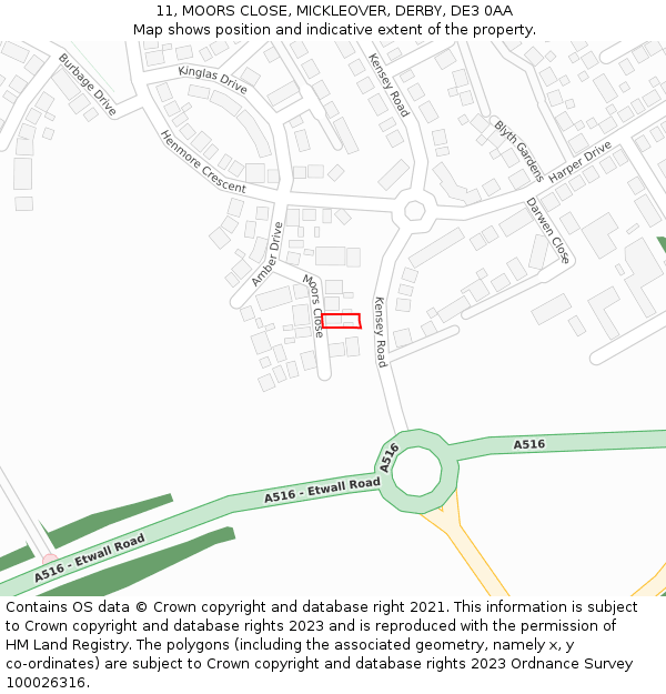 11, MOORS CLOSE, MICKLEOVER, DERBY, DE3 0AA: Location map and indicative extent of plot