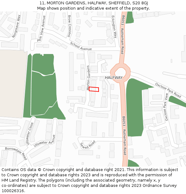 11, MORTON GARDENS, HALFWAY, SHEFFIELD, S20 8GJ: Location map and indicative extent of plot