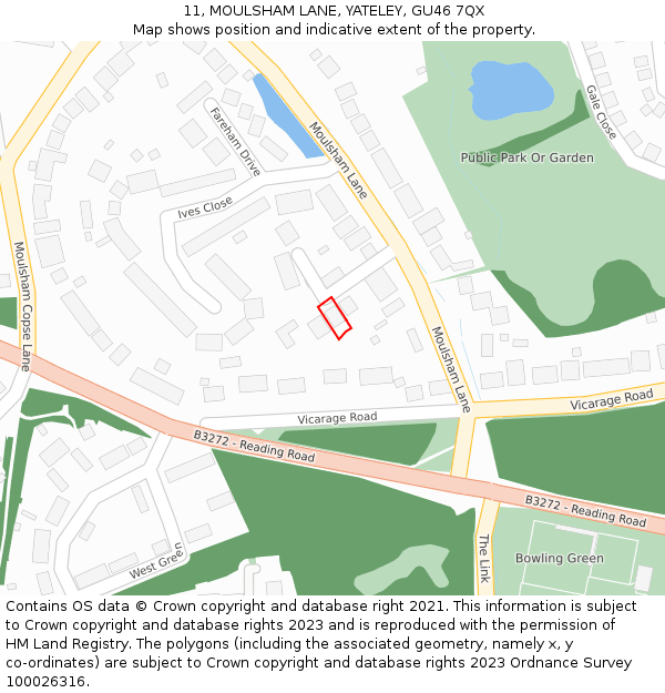 11, MOULSHAM LANE, YATELEY, GU46 7QX: Location map and indicative extent of plot