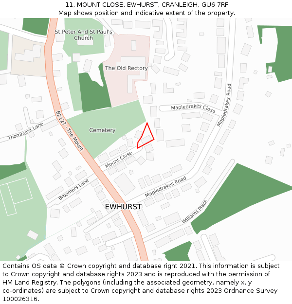 11, MOUNT CLOSE, EWHURST, CRANLEIGH, GU6 7RF: Location map and indicative extent of plot