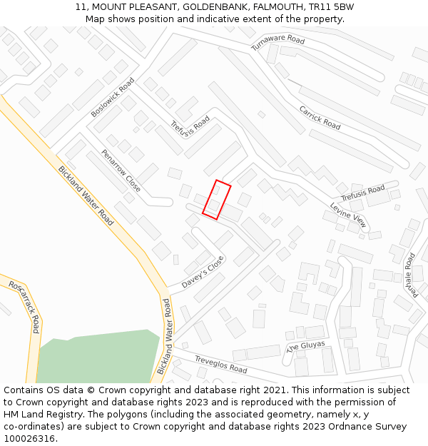 11, MOUNT PLEASANT, GOLDENBANK, FALMOUTH, TR11 5BW: Location map and indicative extent of plot