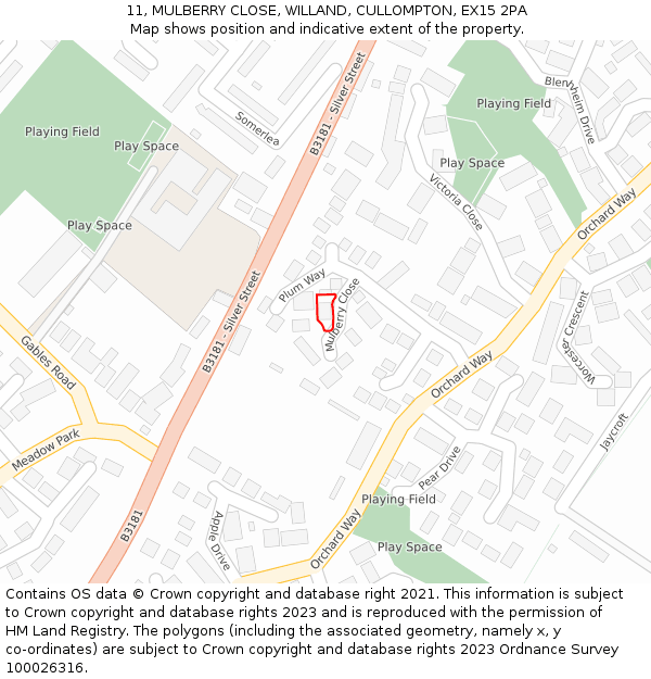 11, MULBERRY CLOSE, WILLAND, CULLOMPTON, EX15 2PA: Location map and indicative extent of plot