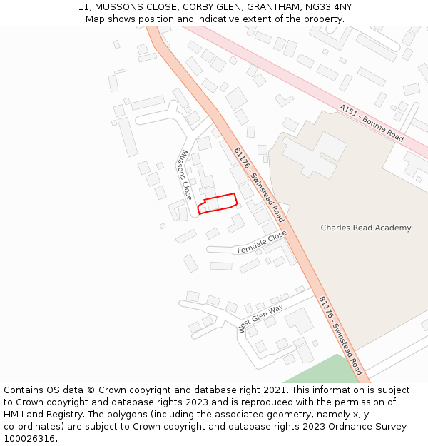 11, MUSSONS CLOSE, CORBY GLEN, GRANTHAM, NG33 4NY: Location map and indicative extent of plot