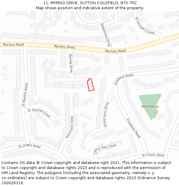 11, MYRING DRIVE, SUTTON COLDFIELD, B75 7RZ: Location map and indicative extent of plot