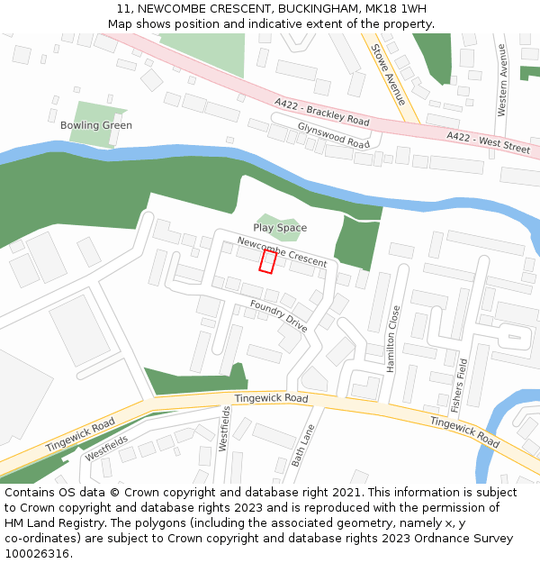 11, NEWCOMBE CRESCENT, BUCKINGHAM, MK18 1WH: Location map and indicative extent of plot