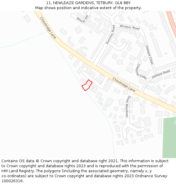 11, NEWLEAZE GARDENS, TETBURY, GL8 8BY: Location map and indicative extent of plot