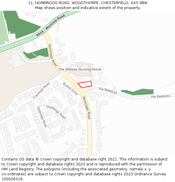 11, NORBRIGGS ROAD, WOODTHORPE, CHESTERFIELD, S43 3BW: Location map and indicative extent of plot