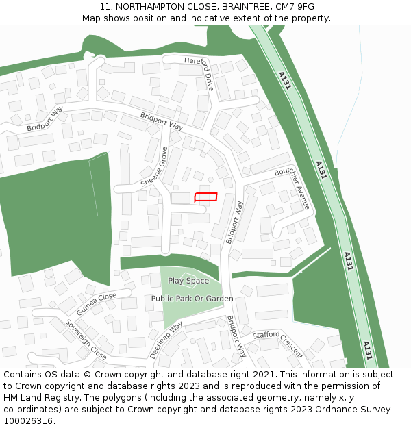 11, NORTHAMPTON CLOSE, BRAINTREE, CM7 9FG: Location map and indicative extent of plot