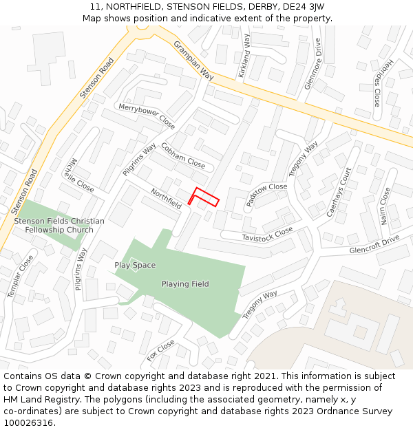 11, NORTHFIELD, STENSON FIELDS, DERBY, DE24 3JW: Location map and indicative extent of plot