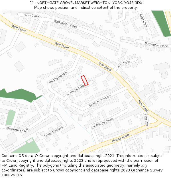 11, NORTHGATE GROVE, MARKET WEIGHTON, YORK, YO43 3DX: Location map and indicative extent of plot