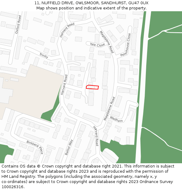 11, NUFFIELD DRIVE, OWLSMOOR, SANDHURST, GU47 0UX: Location map and indicative extent of plot