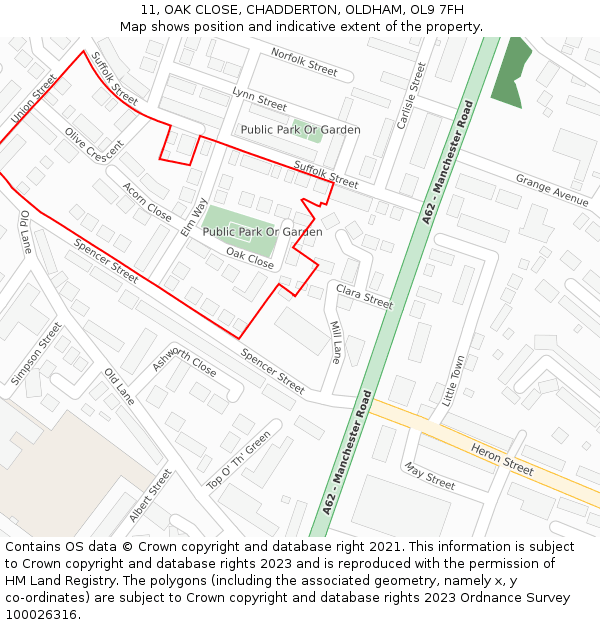 11, OAK CLOSE, CHADDERTON, OLDHAM, OL9 7FH: Location map and indicative extent of plot
