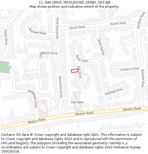 11, OAK DRIVE, MICKLEOVER, DERBY, DE3 9JB: Location map and indicative extent of plot
