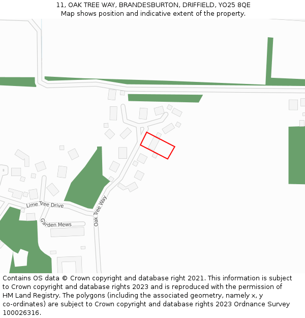 11, OAK TREE WAY, BRANDESBURTON, DRIFFIELD, YO25 8QE: Location map and indicative extent of plot