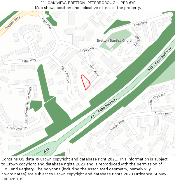 11, OAK VIEW, BRETTON, PETERBOROUGH, PE3 6YE: Location map and indicative extent of plot