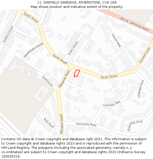 11, OAKFIELD GARDENS, ATHERSTONE, CV9 1SA: Location map and indicative extent of plot