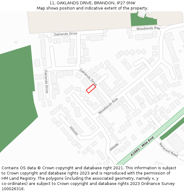 11, OAKLANDS DRIVE, BRANDON, IP27 0NW: Location map and indicative extent of plot