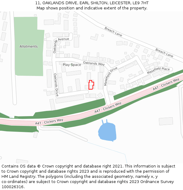 11, OAKLANDS DRIVE, EARL SHILTON, LEICESTER, LE9 7HT: Location map and indicative extent of plot