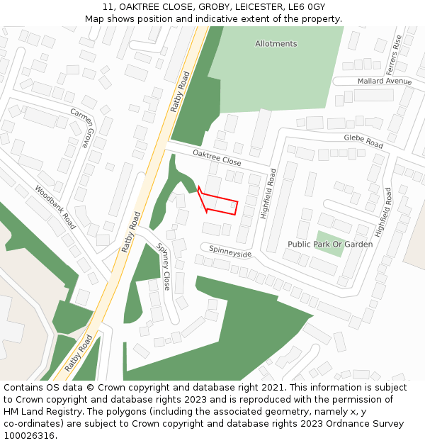 11, OAKTREE CLOSE, GROBY, LEICESTER, LE6 0GY: Location map and indicative extent of plot