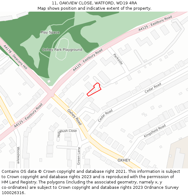 11, OAKVIEW CLOSE, WATFORD, WD19 4RA: Location map and indicative extent of plot