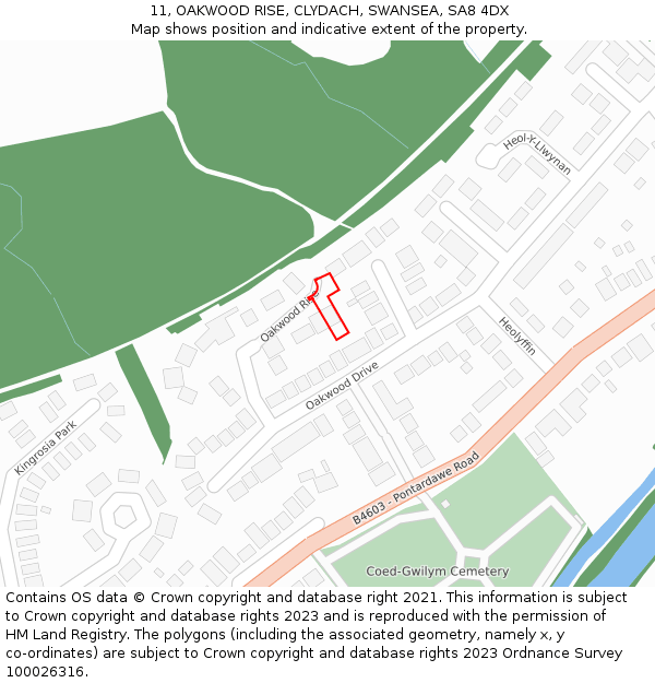11, OAKWOOD RISE, CLYDACH, SWANSEA, SA8 4DX: Location map and indicative extent of plot