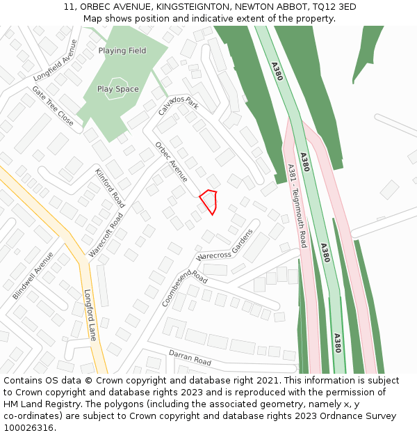 11, ORBEC AVENUE, KINGSTEIGNTON, NEWTON ABBOT, TQ12 3ED: Location map and indicative extent of plot