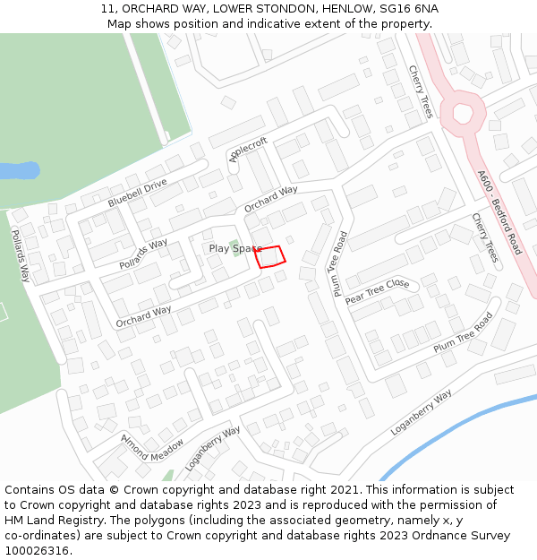 11, ORCHARD WAY, LOWER STONDON, HENLOW, SG16 6NA: Location map and indicative extent of plot