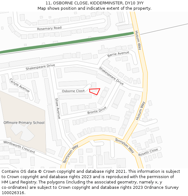 11, OSBORNE CLOSE, KIDDERMINSTER, DY10 3YY: Location map and indicative extent of plot