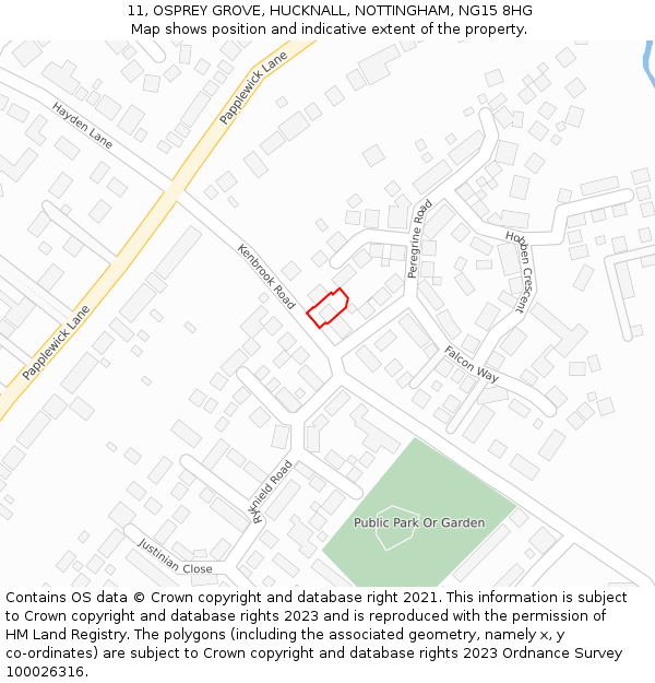 11, OSPREY GROVE, HUCKNALL, NOTTINGHAM, NG15 8HG: Location map and indicative extent of plot