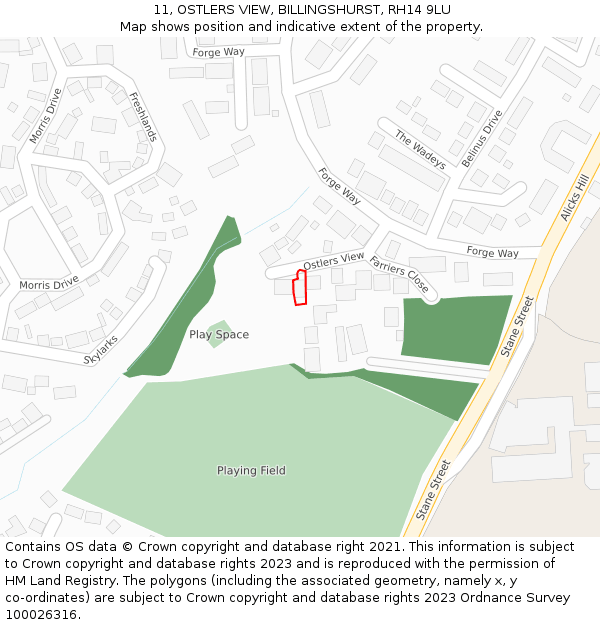 11, OSTLERS VIEW, BILLINGSHURST, RH14 9LU: Location map and indicative extent of plot