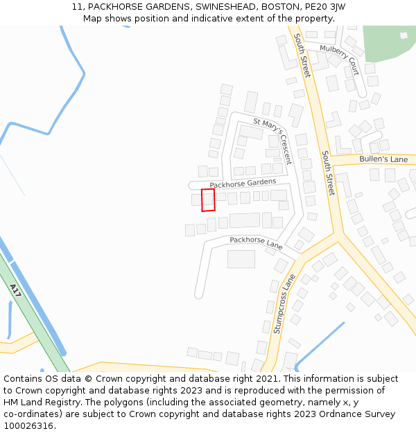 11, PACKHORSE GARDENS, SWINESHEAD, BOSTON, PE20 3JW: Location map and indicative extent of plot