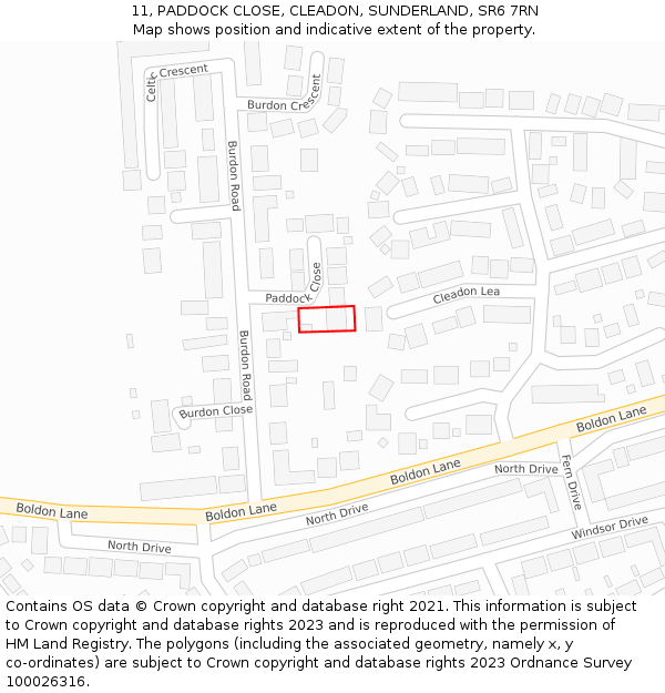 11, PADDOCK CLOSE, CLEADON, SUNDERLAND, SR6 7RN: Location map and indicative extent of plot