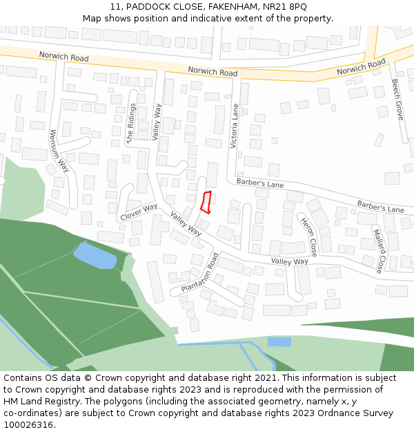 11, PADDOCK CLOSE, FAKENHAM, NR21 8PQ: Location map and indicative extent of plot