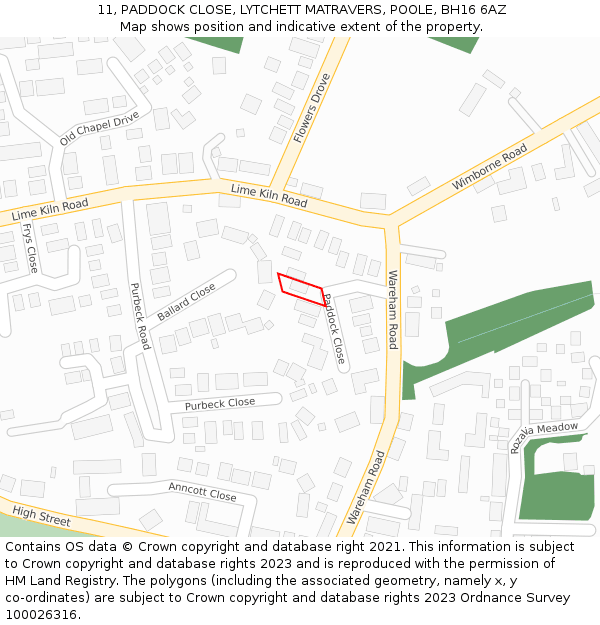 11, PADDOCK CLOSE, LYTCHETT MATRAVERS, POOLE, BH16 6AZ: Location map and indicative extent of plot