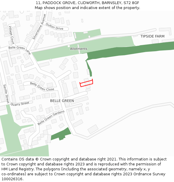 11, PADDOCK GROVE, CUDWORTH, BARNSLEY, S72 8GF: Location map and indicative extent of plot