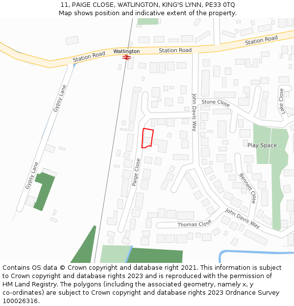 11, PAIGE CLOSE, WATLINGTON, KING'S LYNN, PE33 0TQ: Location map and indicative extent of plot