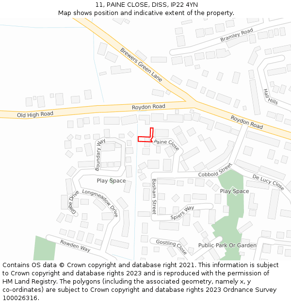 11, PAINE CLOSE, DISS, IP22 4YN: Location map and indicative extent of plot