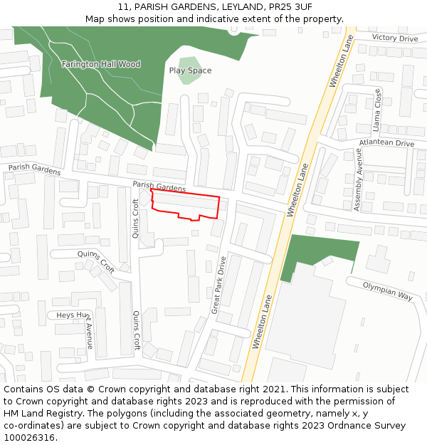 11, PARISH GARDENS, LEYLAND, PR25 3UF: Location map and indicative extent of plot