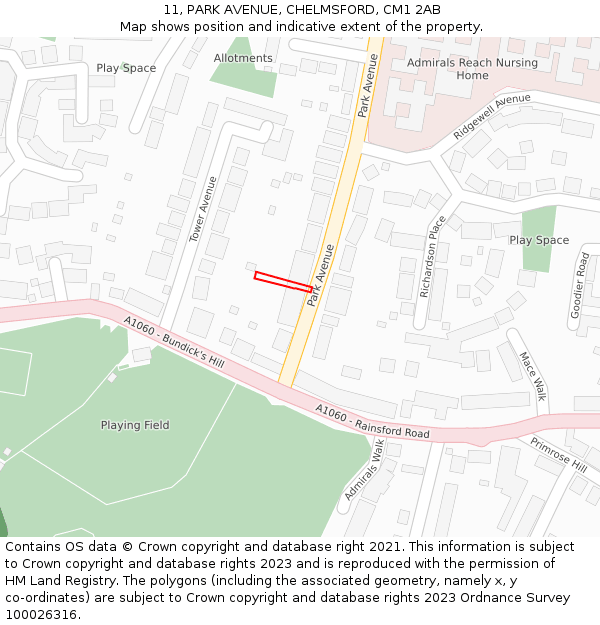11, PARK AVENUE, CHELMSFORD, CM1 2AB: Location map and indicative extent of plot
