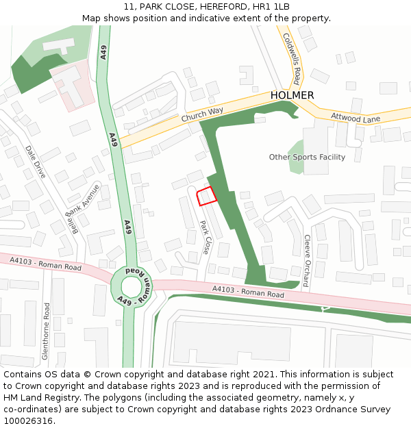 11, PARK CLOSE, HEREFORD, HR1 1LB: Location map and indicative extent of plot