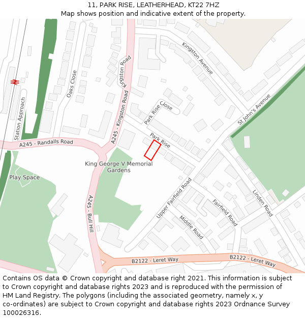 11, PARK RISE, LEATHERHEAD, KT22 7HZ: Location map and indicative extent of plot