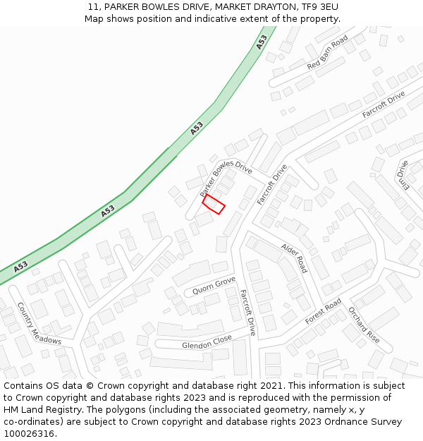 11, PARKER BOWLES DRIVE, MARKET DRAYTON, TF9 3EU: Location map and indicative extent of plot
