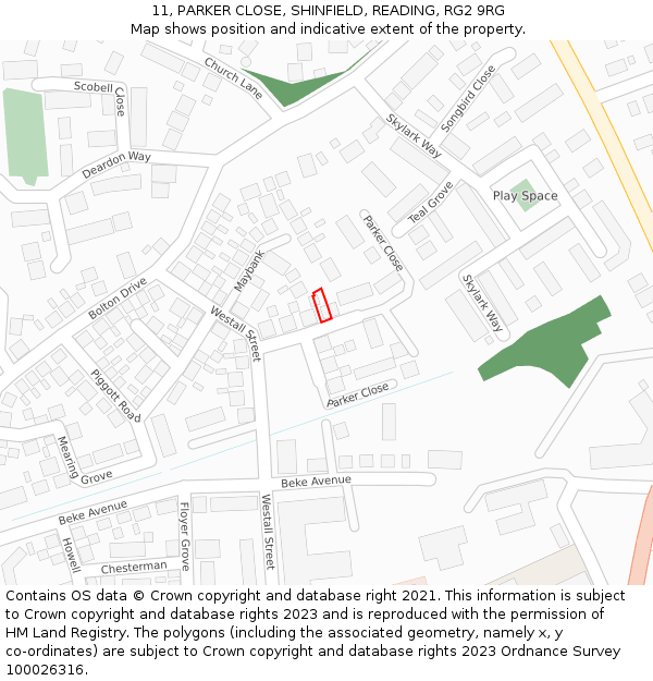 11, PARKER CLOSE, SHINFIELD, READING, RG2 9RG: Location map and indicative extent of plot