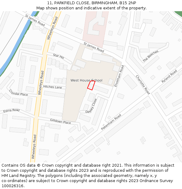 11, PARKFIELD CLOSE, BIRMINGHAM, B15 2NP: Location map and indicative extent of plot