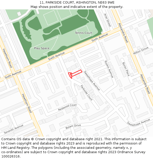11, PARKSIDE COURT, ASHINGTON, NE63 9WE: Location map and indicative extent of plot