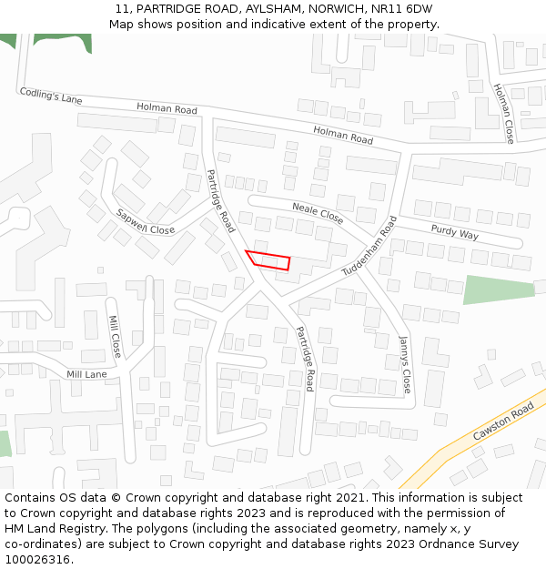 11, PARTRIDGE ROAD, AYLSHAM, NORWICH, NR11 6DW: Location map and indicative extent of plot