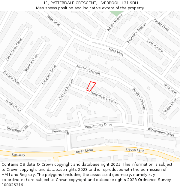 11, PATTERDALE CRESCENT, LIVERPOOL, L31 9BH: Location map and indicative extent of plot
